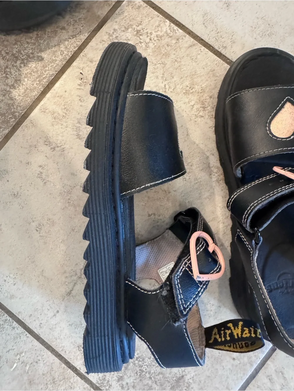 Dr. Martens Black Sandals with Pink Heart Buckles Junior Marlowe